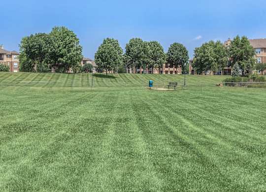 A large, open, grassy off-leash dog park at Stonepost Lakeside Apartments in Olathe, KS.