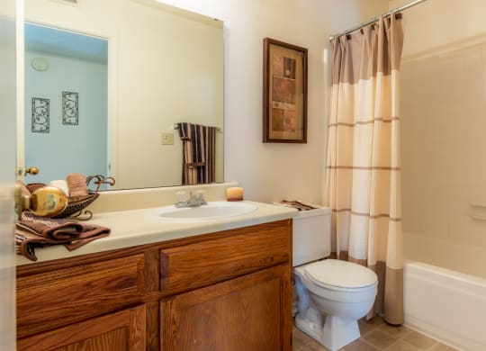 Bathroom with wooden cabinets at Coventry Oaks Apartments, Kansas, 66214