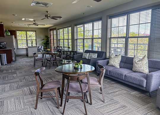 Spacious resident lounge at The Dorset Apartments featuring modern seating, large windows, and a welcoming atmosphere.