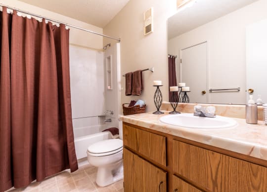 Bathroom sink, toilet and shower at Bristol Pointe Apartments, Olathe, Kansas