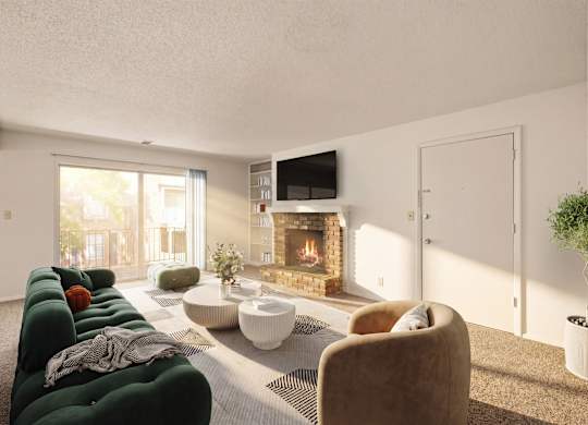 Bright living room with large sliding glass door, private balcony access and brick fireplace at Louisburg Square Apartments in Overland Park, KS.
