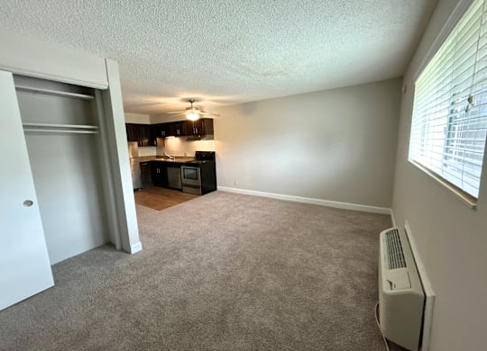 Classic Studio - Living Room with a carpeted floor, a ceiling fan, and a window with blinds.