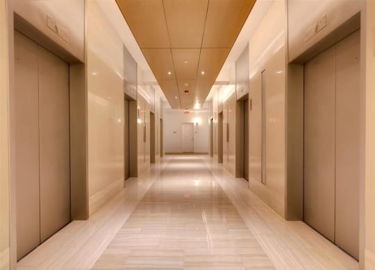 elevator lobby on a residential floor at Sky on Main