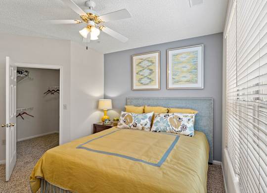 A bedroom with a ceiling fan and large walk in closet.