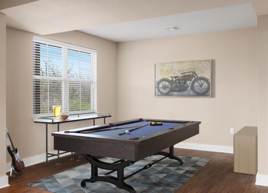 a game room with a pool table and a bike on the wall