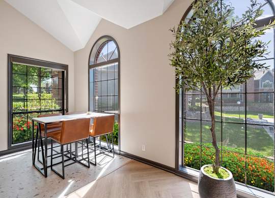 A room with a table and chairs and a potted tree.