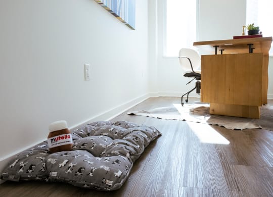 bedroom in b1 floorplan staged as office with pet bed on the floor at Sky on Main Apartments in Kansas City
