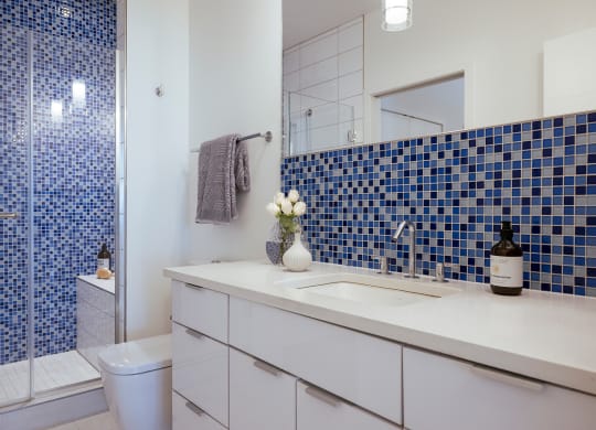 bathroom in b1 floorplan in Sky on Main Apartments in Kansas City, MO