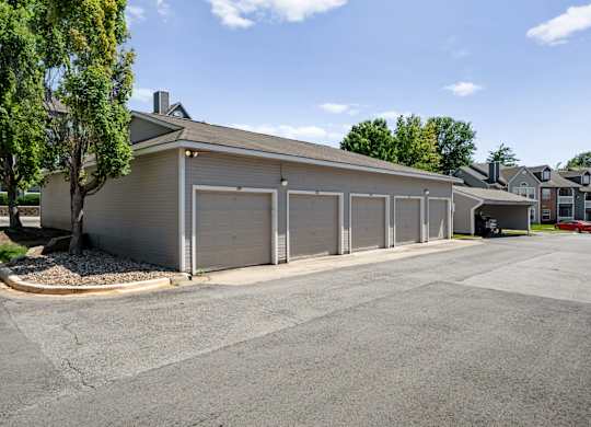 Row of detached garages at Stonebriar Apartments community in Overland Park KS