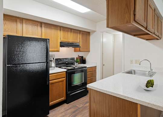 A black refrigerator is in a kitchen with wooden cabinets and a white counter.