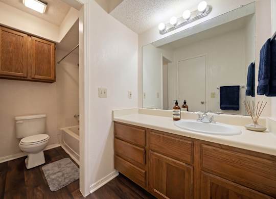A bathroom with a toilet, sink, and mirror.
