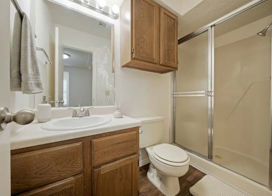 A bathroom with a toilet, sink, and shower.