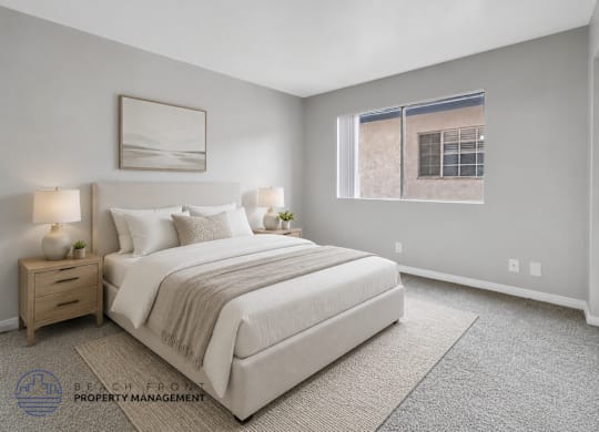 A well-lit bedroom with a large bed and a window.