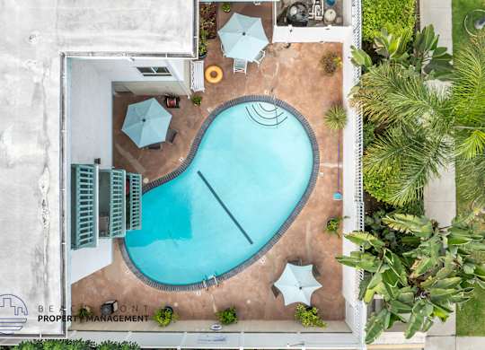 An aerial view of a pool surrounded by buildings and greenery.
