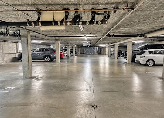 A parking garage with concrete floors and pillars.