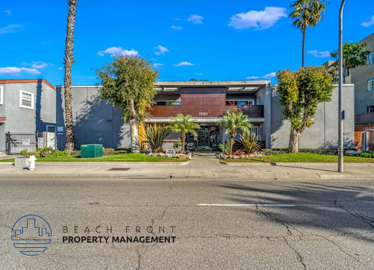 A street view with a building and palm trees in front of it.