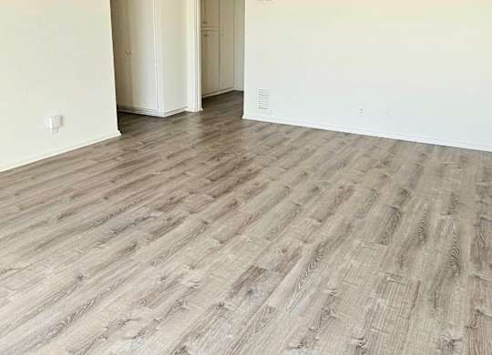 A room with a ceiling fan and wood flooring.