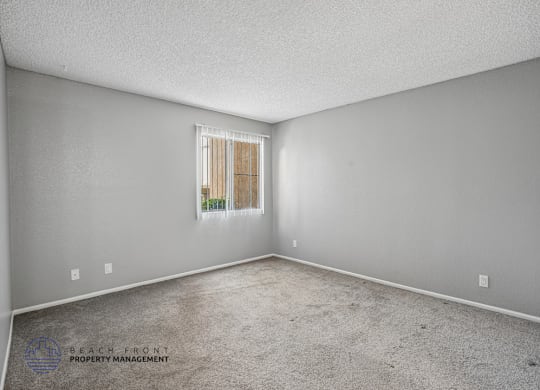 A room with a window and a carpeted floor.