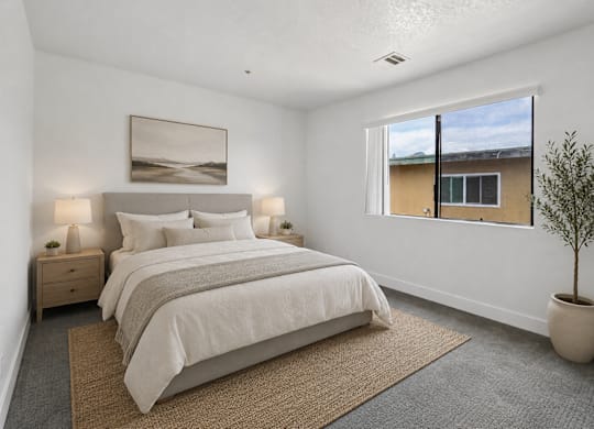 A bedroom with a large bed, two nightstands, and a potted plant.