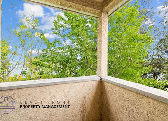 A window with a view of trees and a blue sky.