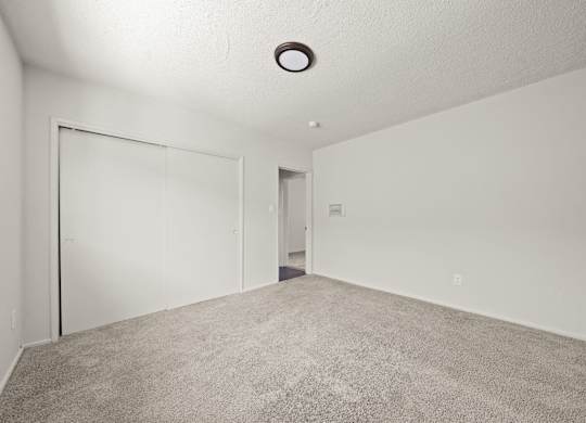A room with a carpeted floor and a ceiling light.