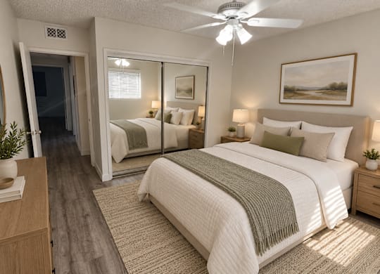 A bedroom with a large bed, a ceiling fan, and a painting on the wall.