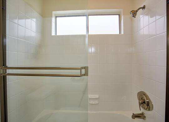 a bathroom with a shower and a bathtub