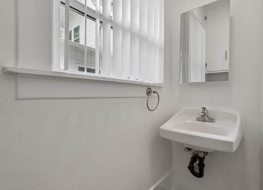 A white sink in a bathroom with a mirror and a window.