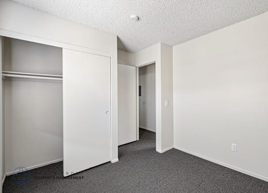 A white closet with a grey carpet is shown.