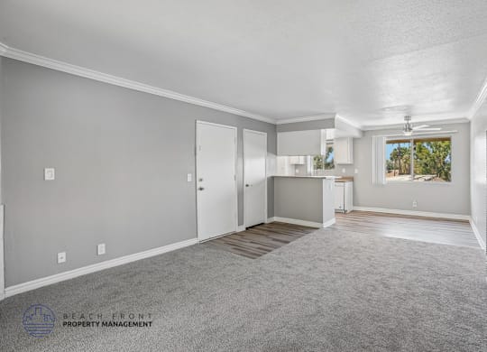 A spacious room with a carpeted floor and a window showing trees outside.