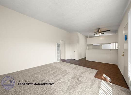 A spacious room with a carpeted floor and a ceiling fan.