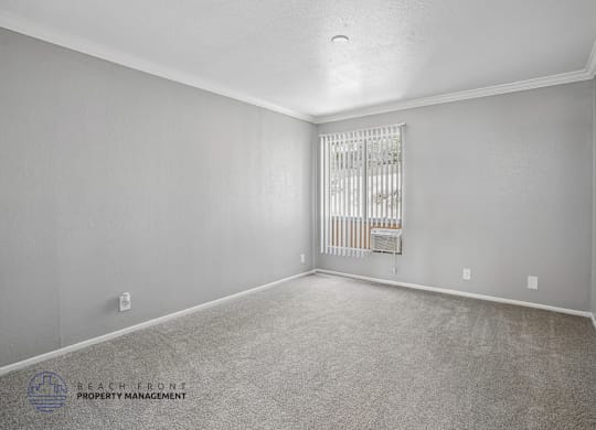 A room with a carpeted floor and a window with blinds.