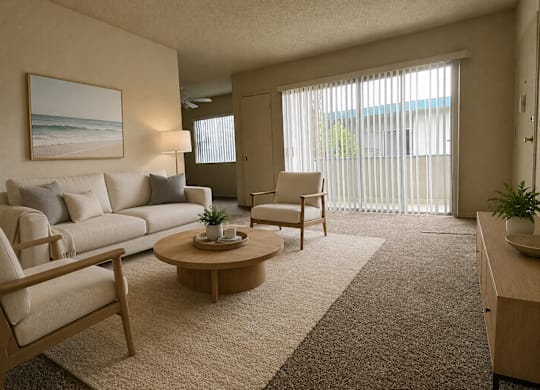 A living room with a couch, chair, and a painting on the wall.