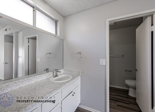 A bathroom with a sink, mirror, and toilet.