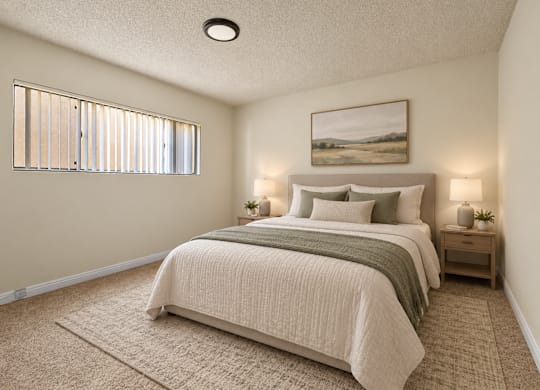 A bedroom with a large bed and a painting on the wall.