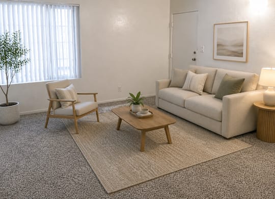 A living room with a couch, chair, and coffee table.