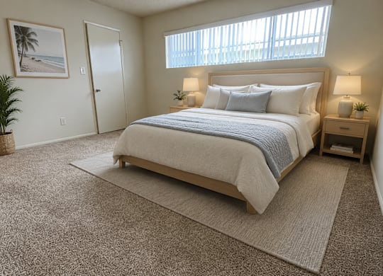 A bedroom with a large bed and a window with blinds.