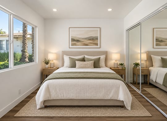 A bedroom with a large bed and a painting on the wall.