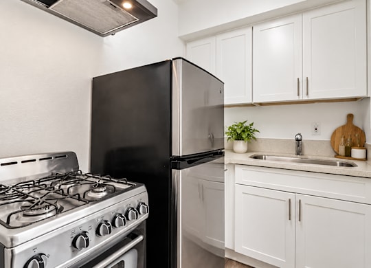 A black refrigerator sits next to a stove in a kitchen with white cabinets.