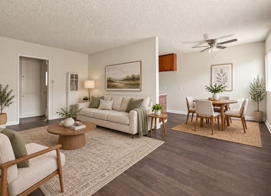 A living room with a white couch, a wooden coffee table, and a painting on the wall.