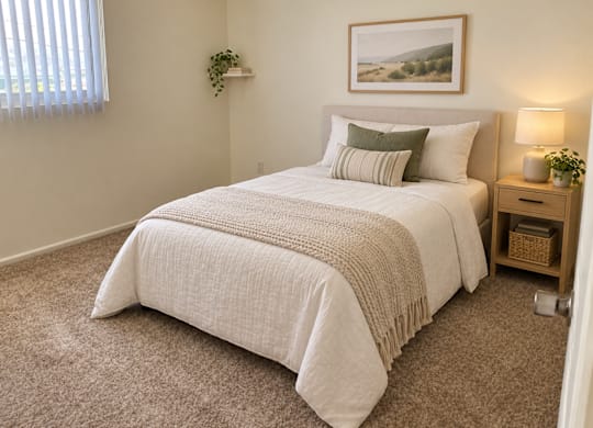 A bedroom with a large bed and a painting above it.