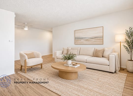 A living room with a couch, chair, and coffee table.