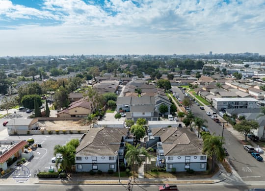 A residential area with houses and streets.