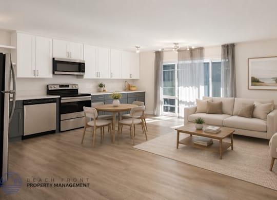 A well-lit, modern kitchen with a dining table and chairs in the foreground.