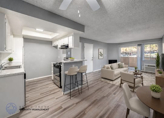 A well-lit, modern kitchen and living room with a dining area.