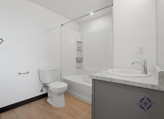 A white toilet sits next to a sink in a bathroom.