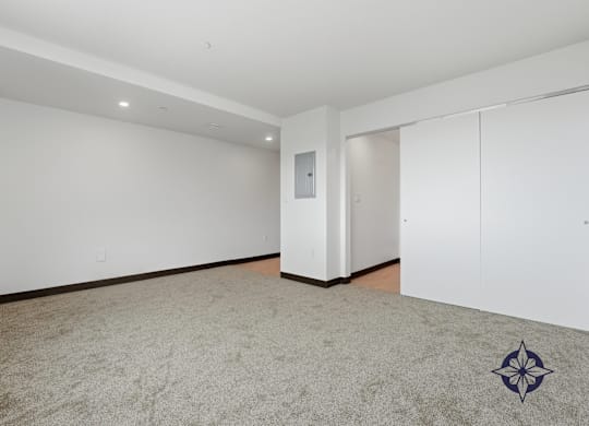 A carpeted room with a rug and a white door.