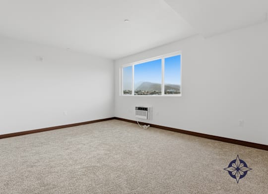 A room with a carpeted floor and a window showing a view of a mountain.