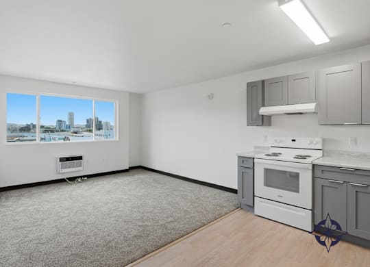 A kitchen with a stove, oven, and cabinets.