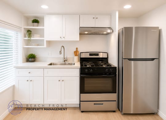 A modern kitchen with a stainless steel refrigerator and stove.